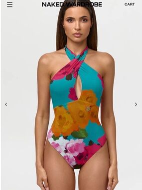 naked wardrobe Teal Floral Halter Bodysuit with Keyhole - floral spritz